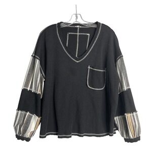 POL‎ Thermal Knit Slouchy Oversized Top Striped Long Sleeves Womens S Black Boho